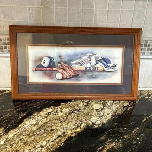 Home Interiors Big Hit Baseball Picture In Frame Ball Glove Bat Cap Trophy